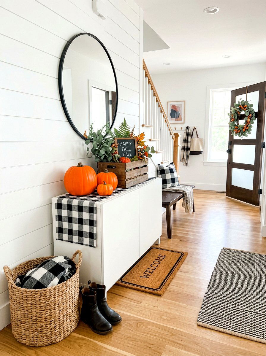 Buffalo Check Fall Entryway - 30 Thanksgiving entry table ideas