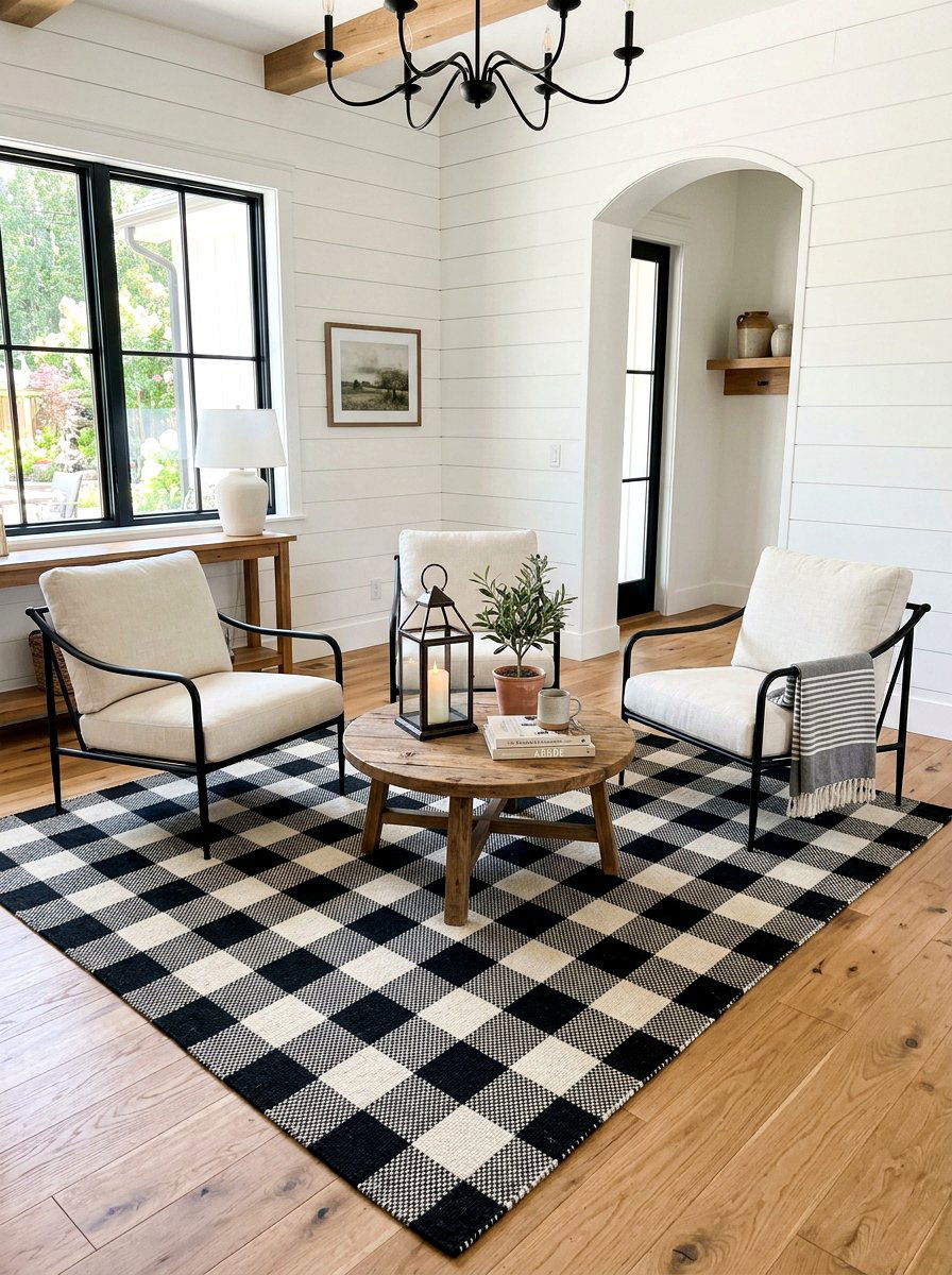 Buffalo Check Rug - 30 farmhouse porch decor ideas