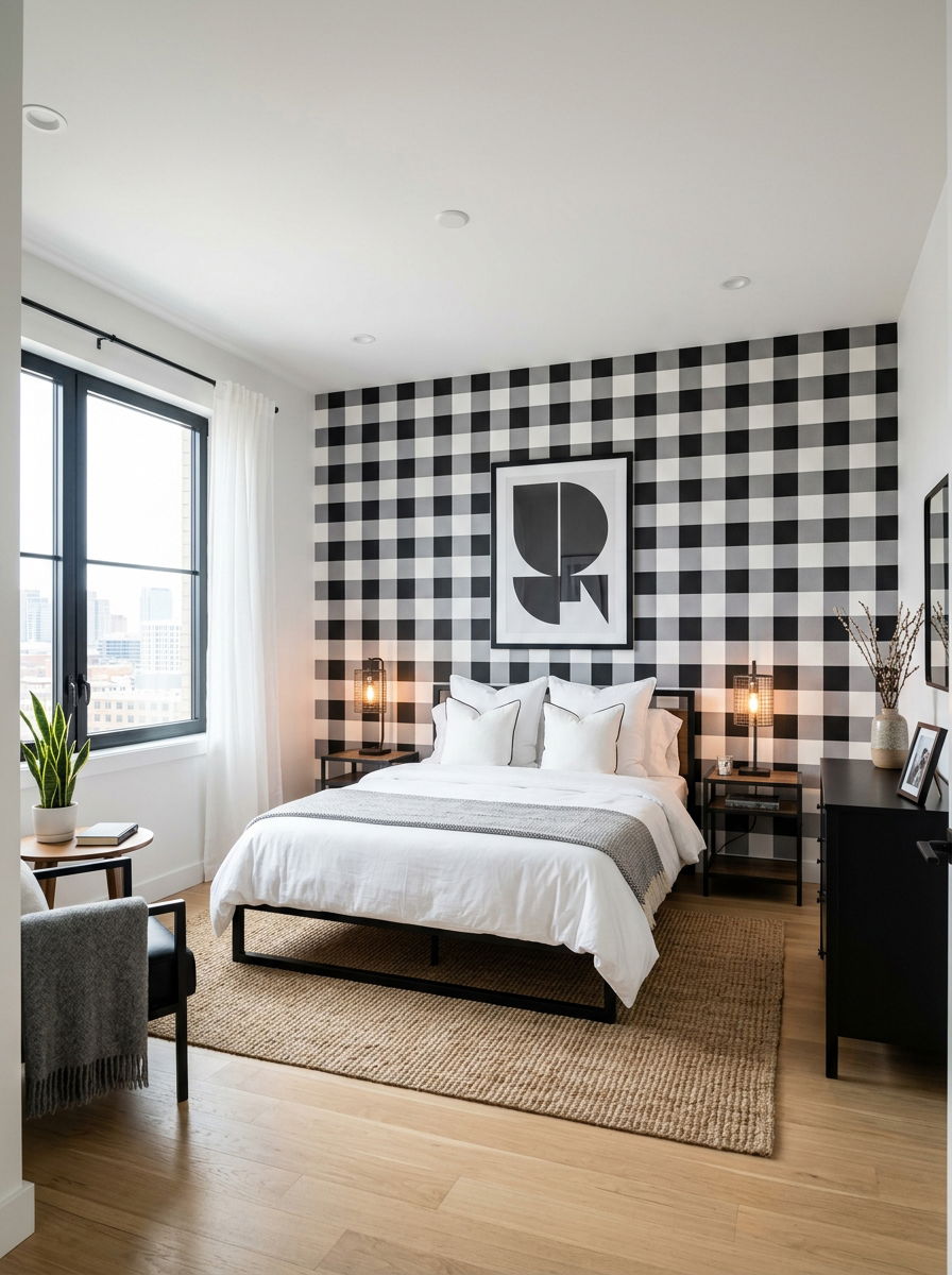 Buffalo check accent wall - 30 plaid bedroom ideas
