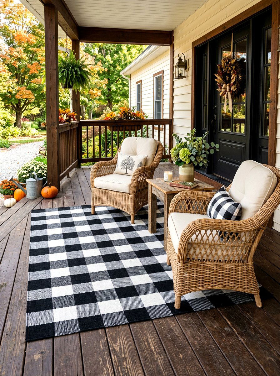 Buffalo check rug - 30 country porch decor ideas