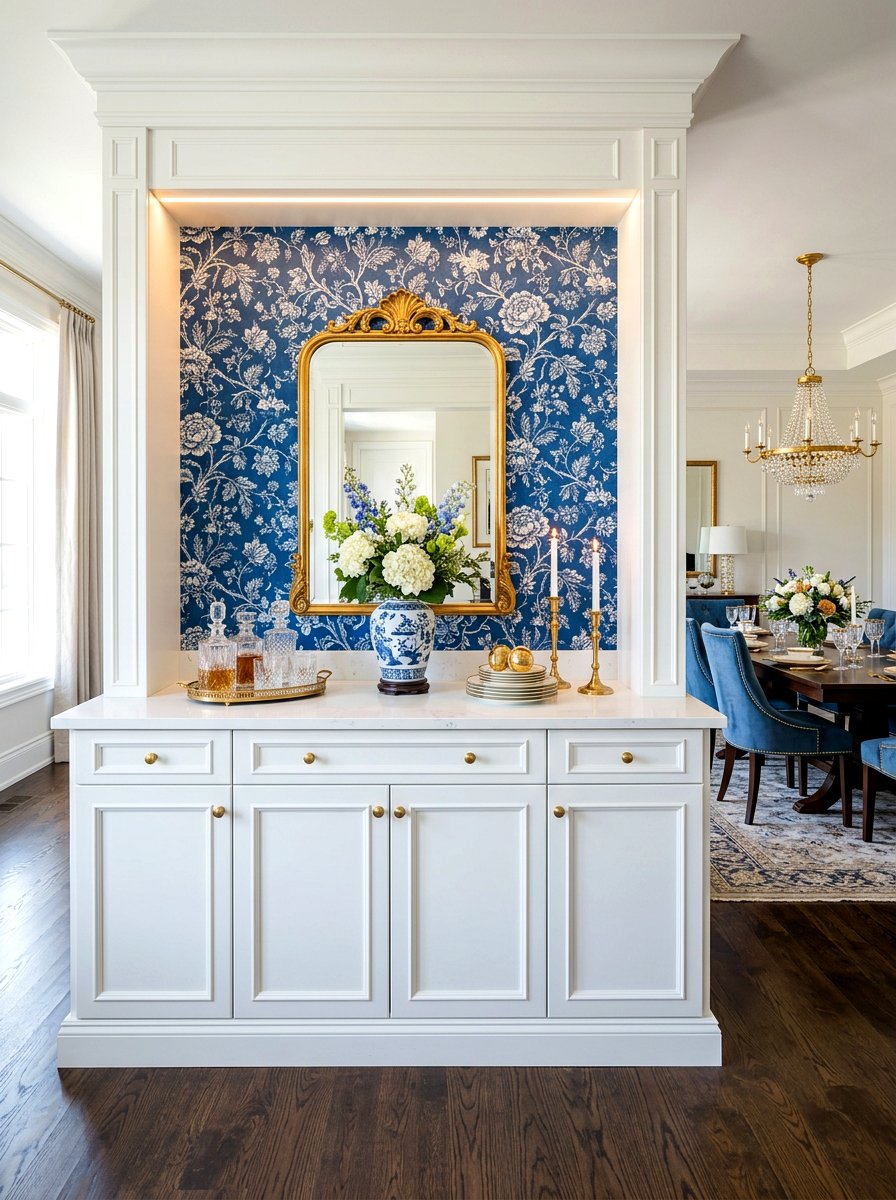 Buffet With Wallpaper Niche - 30 built in buffet dining ideas