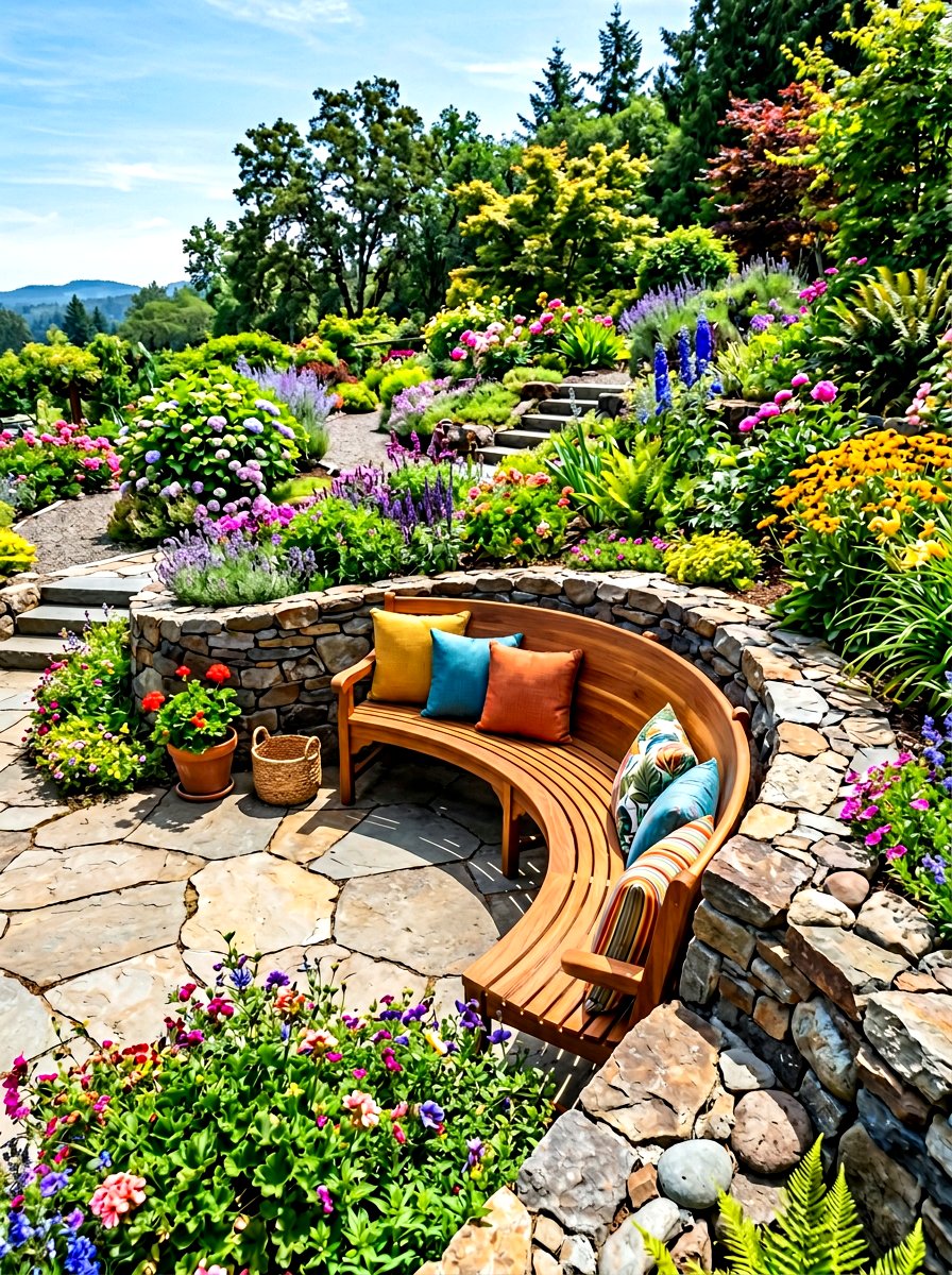 Built In Bench - 30 tiered backyard ideas