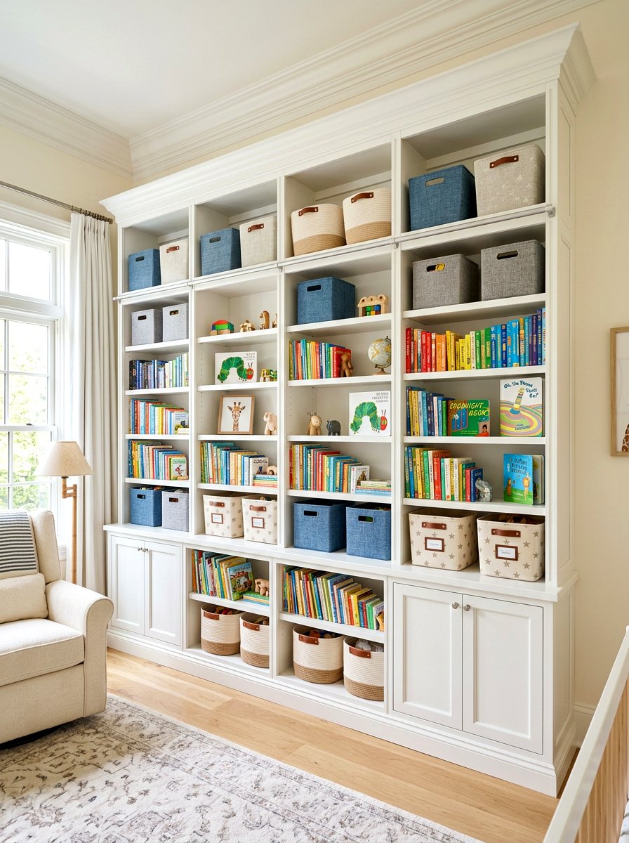 Built In Bookcase - 30 nursery shelf styling ideas