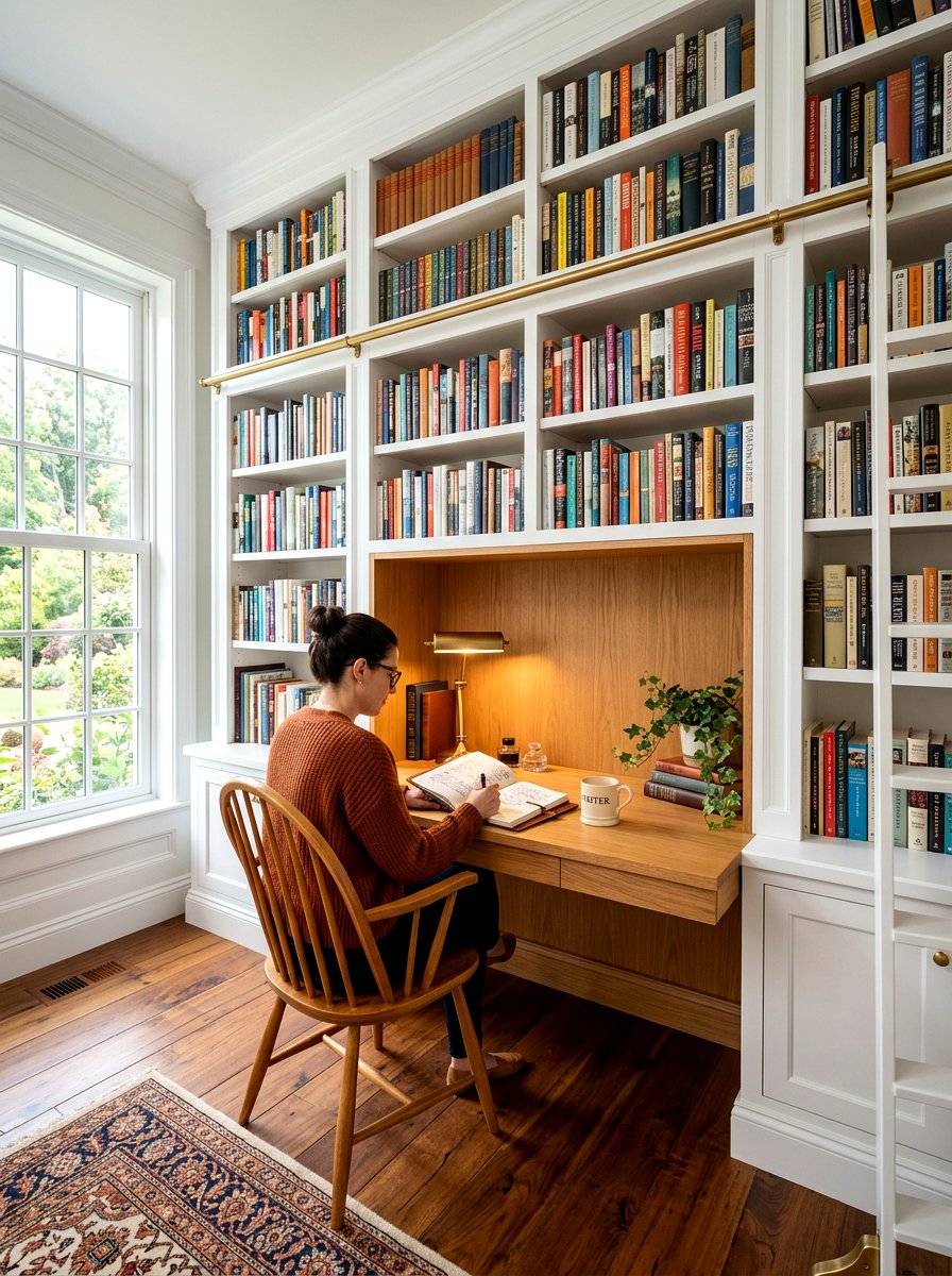 Built In Bookshelf Desk - 30 journaling nook ideas