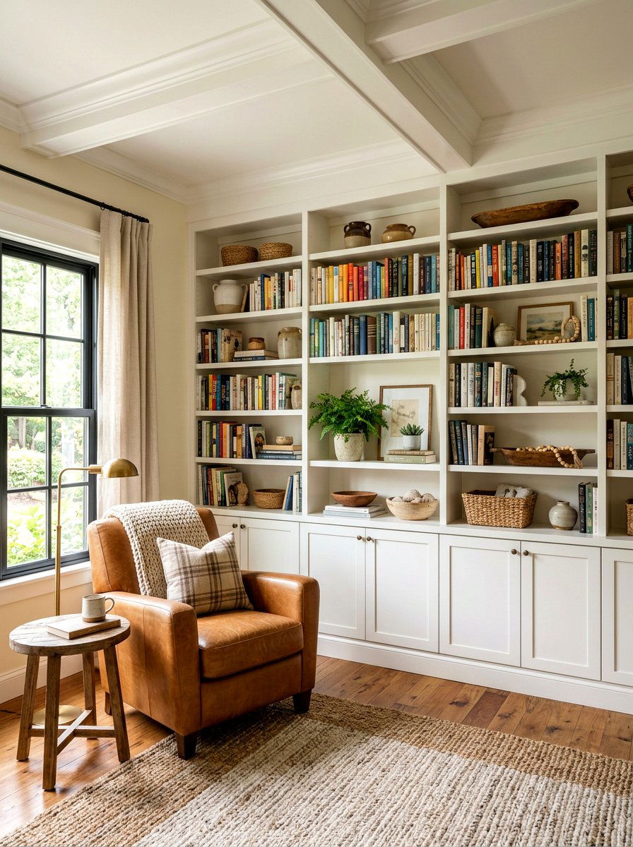 Built In Bookshelves - 30 rustic farmhouse living room ideas