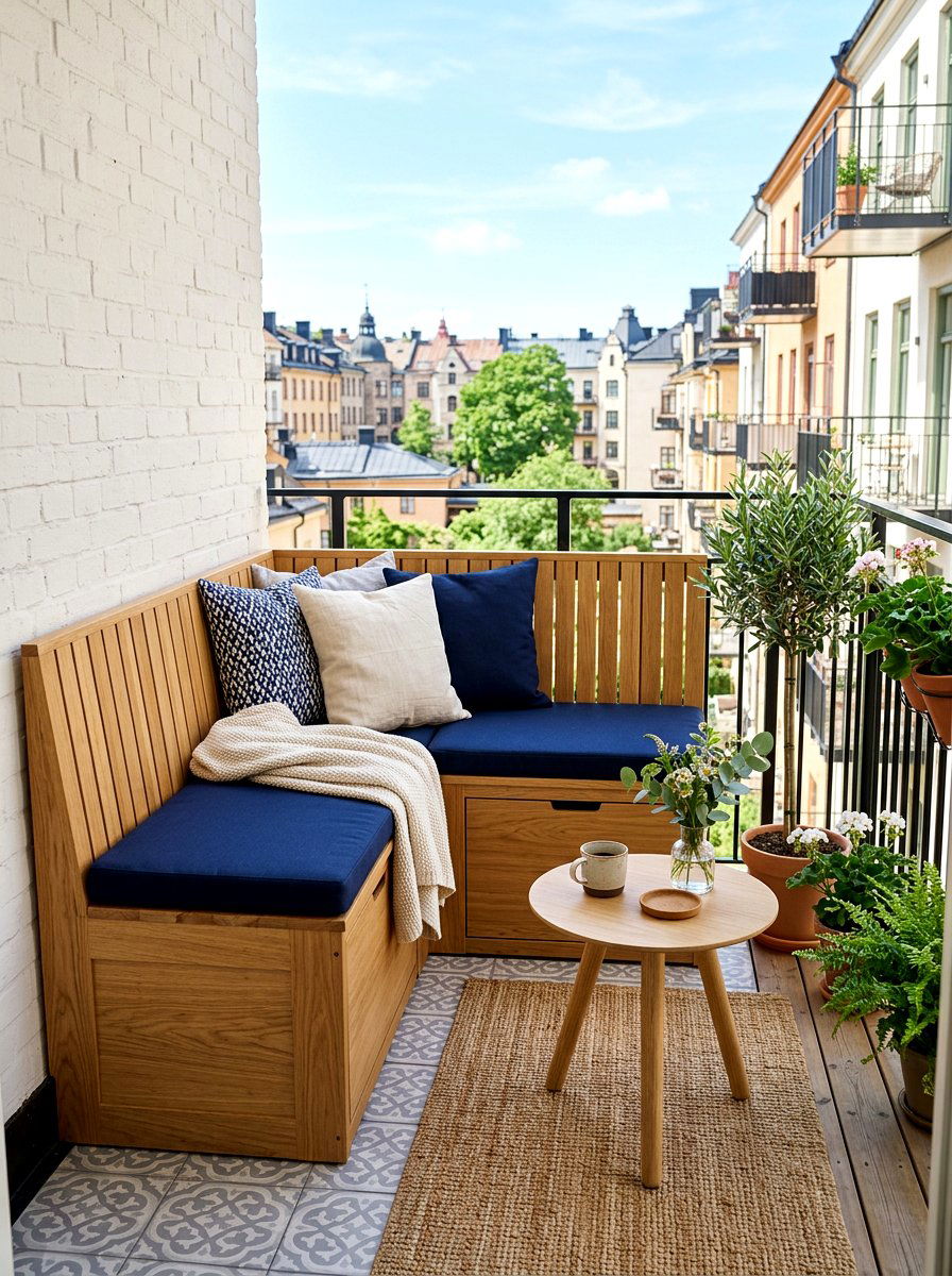 Built In Corner Bench - 30 tiny balcony seating ideas
