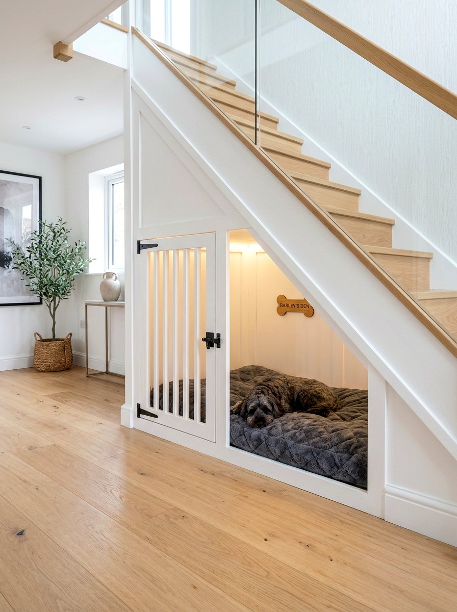 Built In Dog Crate Under Stairs - 30 pet nook living room ideas