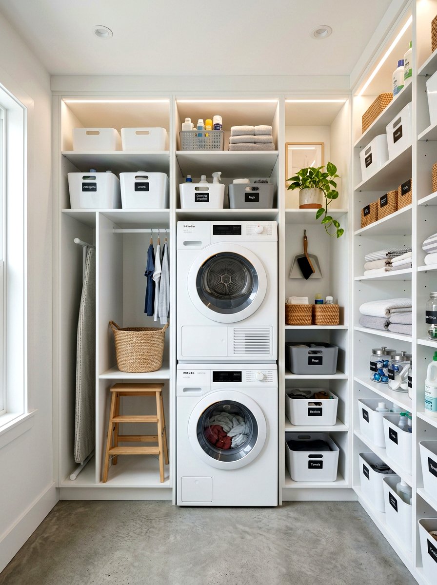 Built In Laundry Shelving - 30 stacked washer dryer ideas