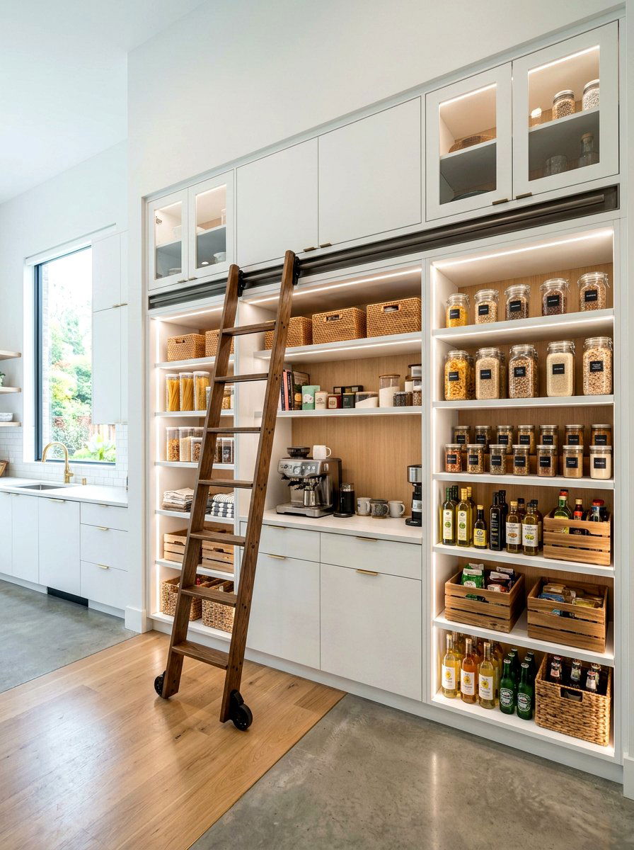 Built In Pantry With Recessed Ladder Rail - 30 pantry with library ladder ideas