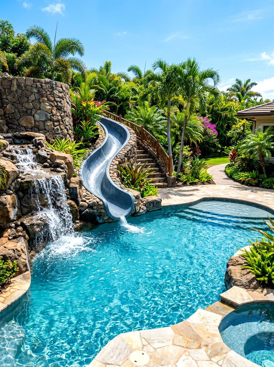 Built In Pool Slide - 30 resort backyard pool ideas