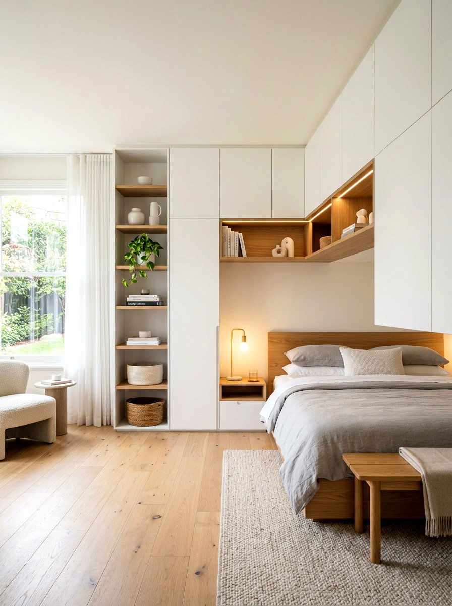 Built In Shelving - 30 low stimulation bedroom ideas