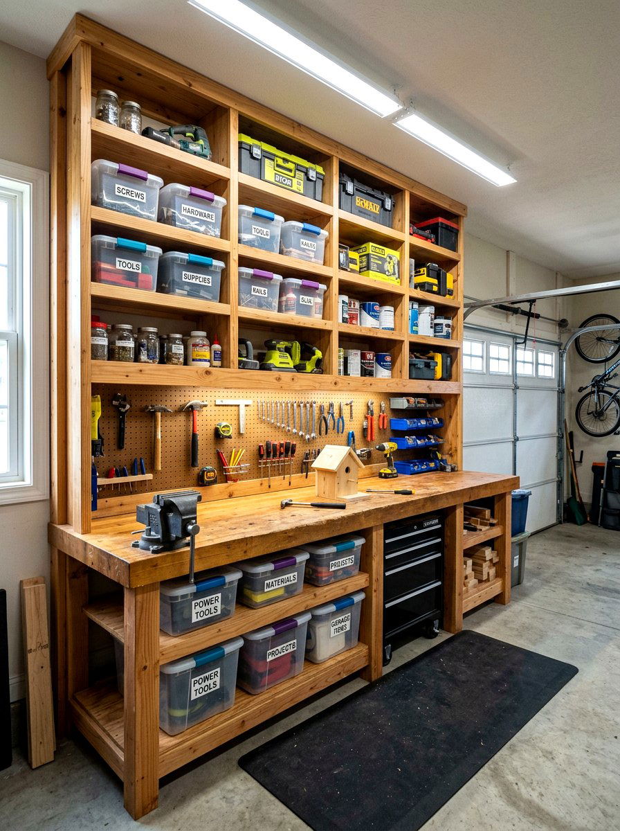 Built In Shelving Workbench - 30 garage workbench ideas