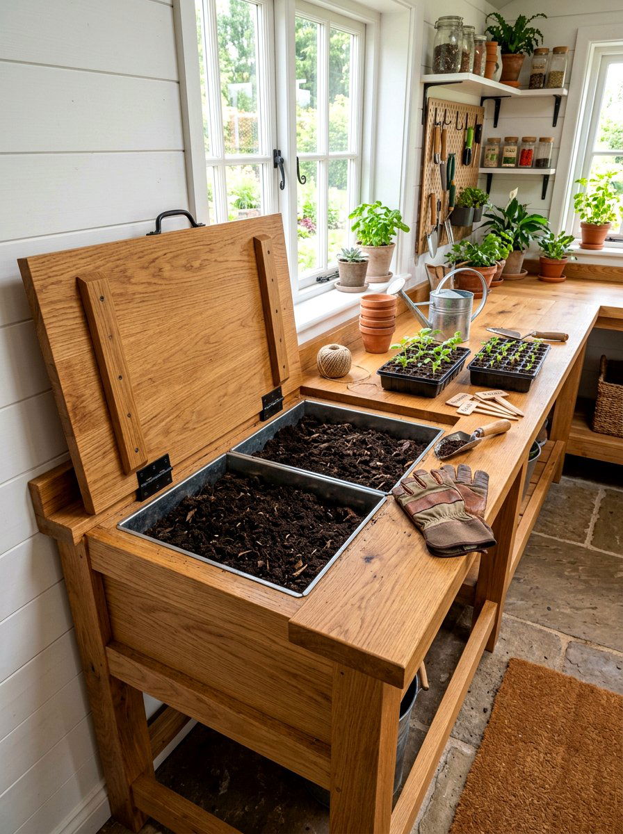 Built In Soil Bin - 30 greenhouse potting area ideas