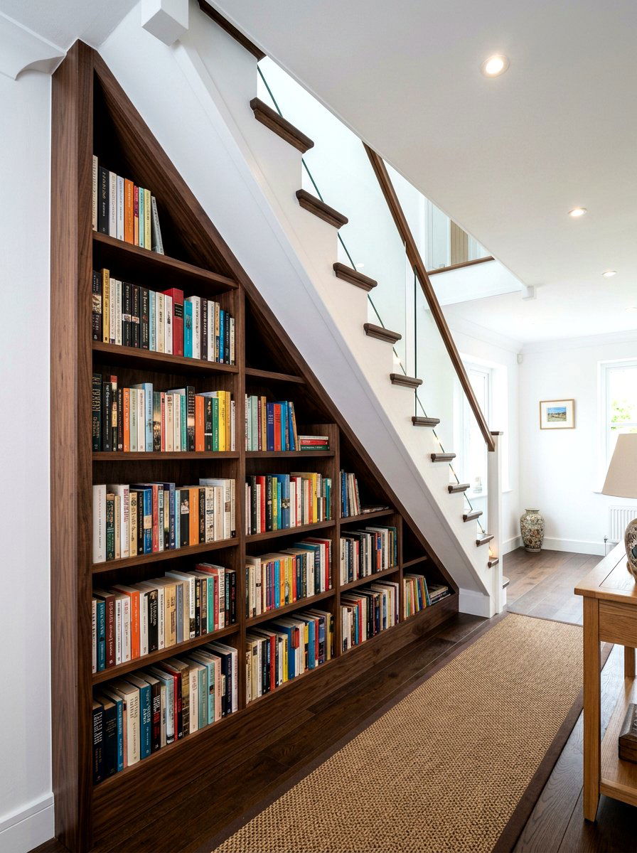 Built In Triangular Staircase Bookshelf - 30 under staircase bookshelf ideas
