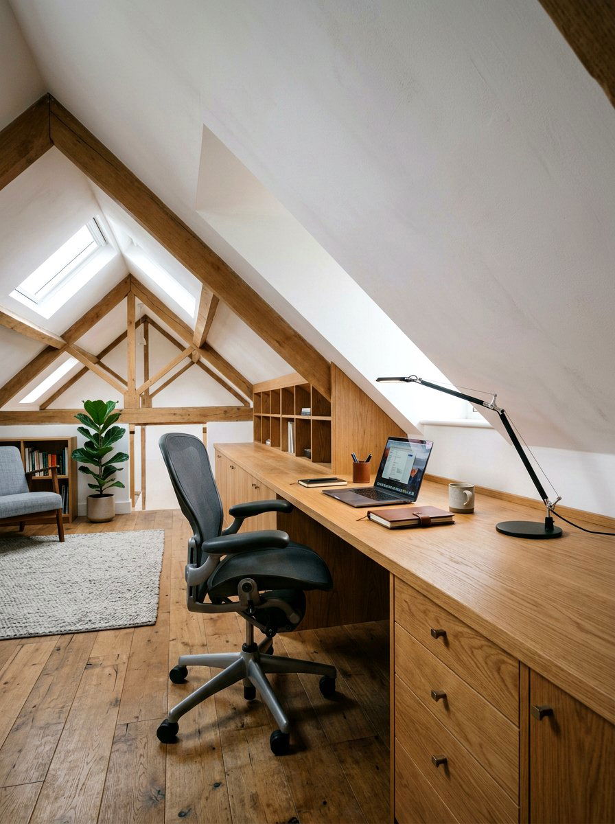 Built In Under Eaves Workspace - 30 sloped ceiling office ideas