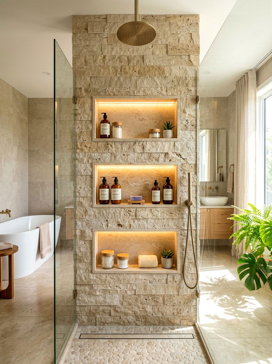 Built In Wall Niches - 30 rustic spa bathroom ideas