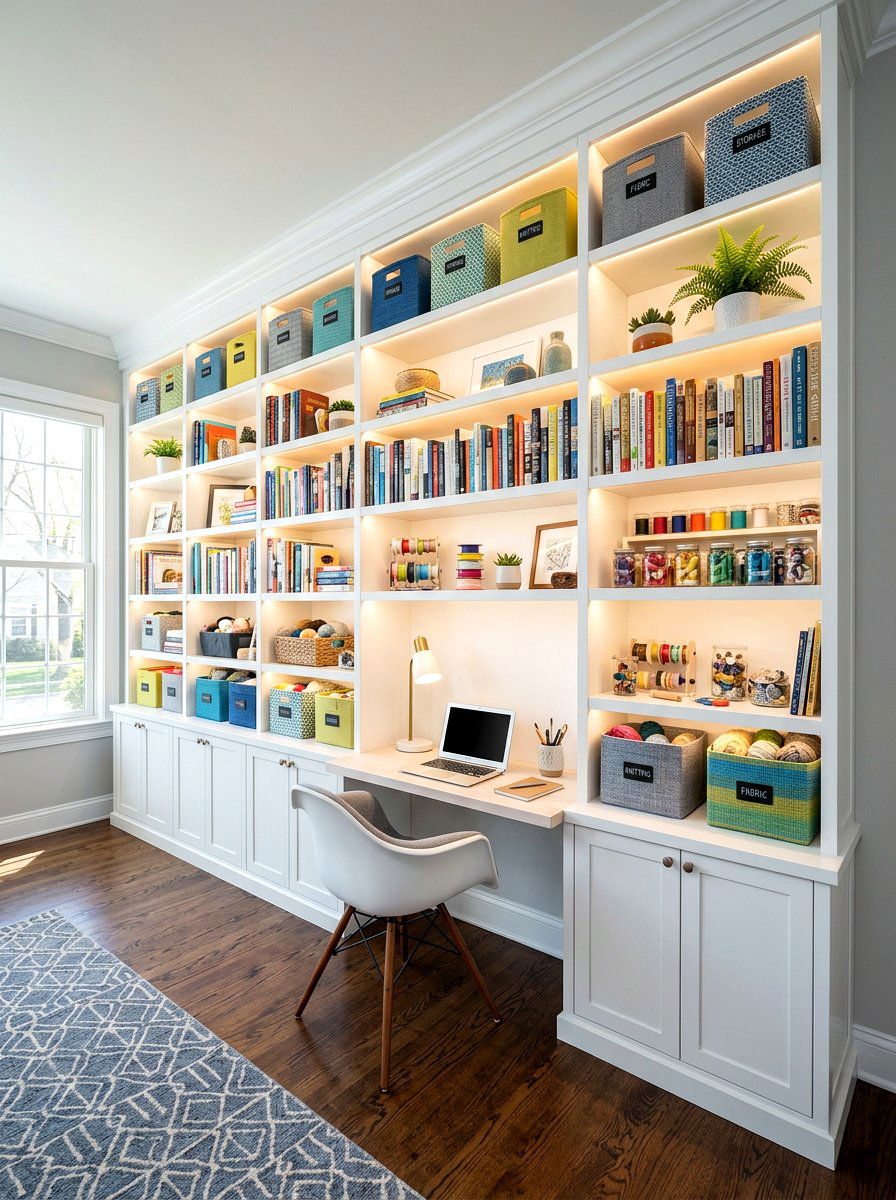 Built In Wall Shelving - 30 quilting room ideas