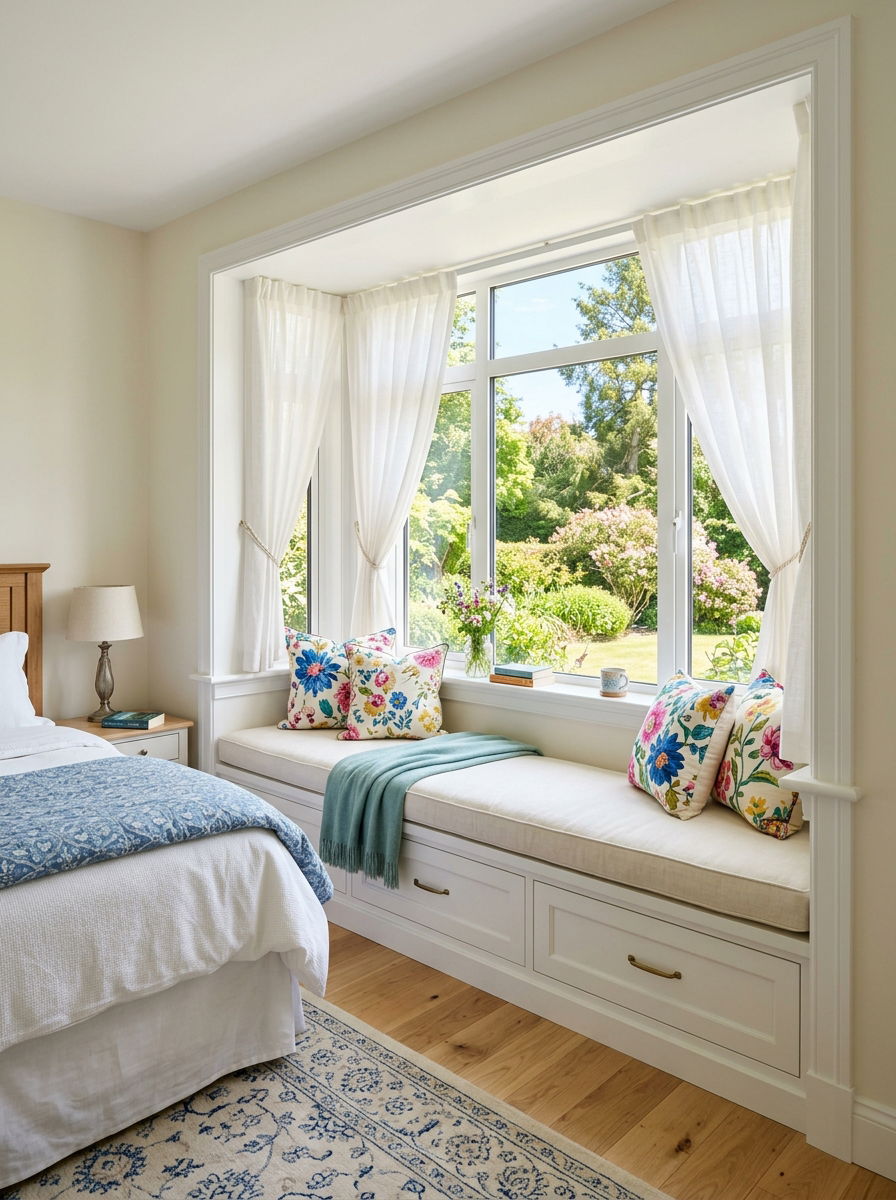 Built In Window Nook - 30 soft vintage bedroom ideas