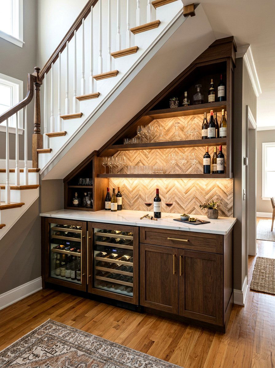 Built In Wine Bar - 30 under stairs wine nook ideas