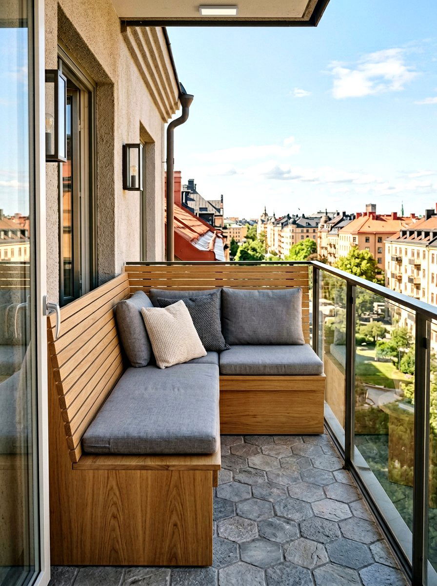 Built In Wooden Bench - 30 narrow balcony ideas
