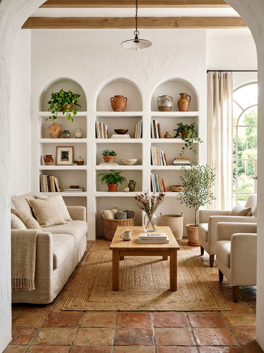 Built in arched shelf living room - 30 Tuscan revival living room ideas