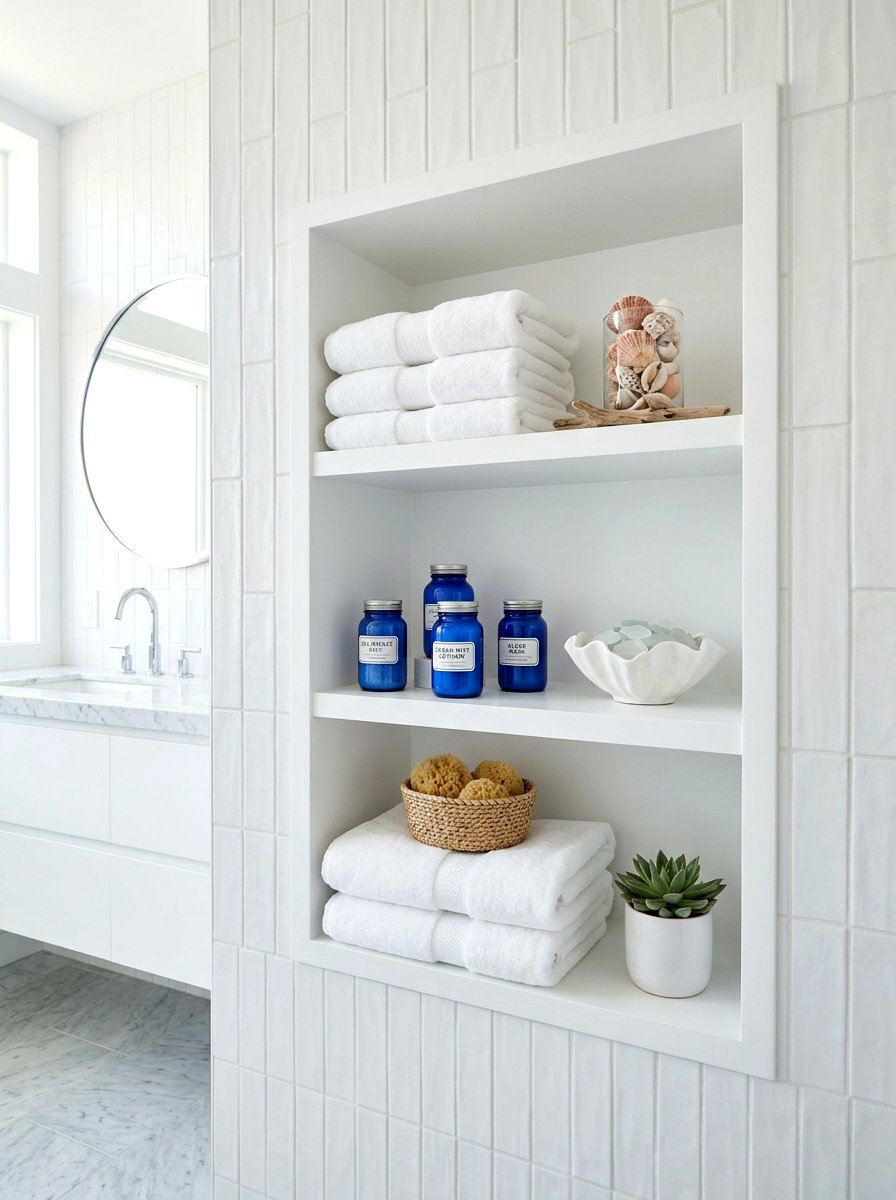 Built in bathroom shelving - 30 coastal grandmother bathroom ideas