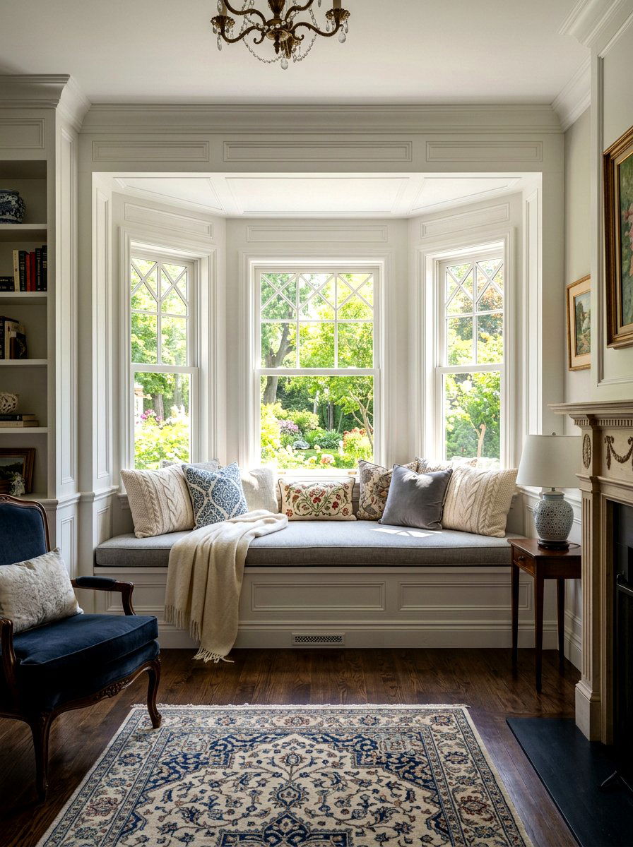 Built in bay window bench - 30 bay window seating living room ideas