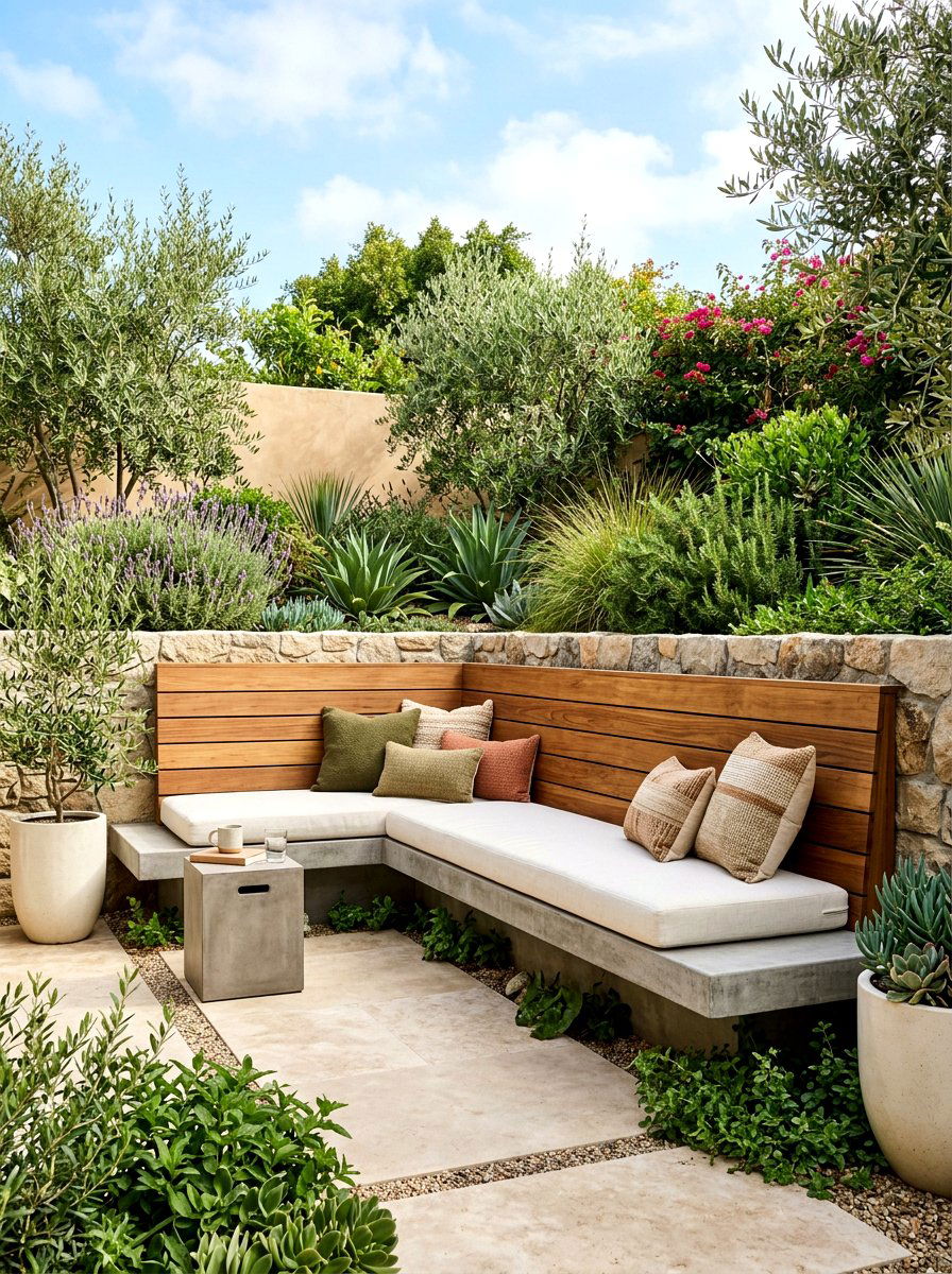 Built in bench seating - 30 warm minimalist patio ideas