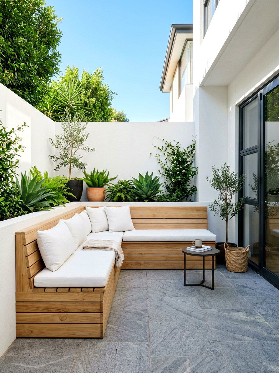 Built in benches - 30 tiny courtyard garden ideas
