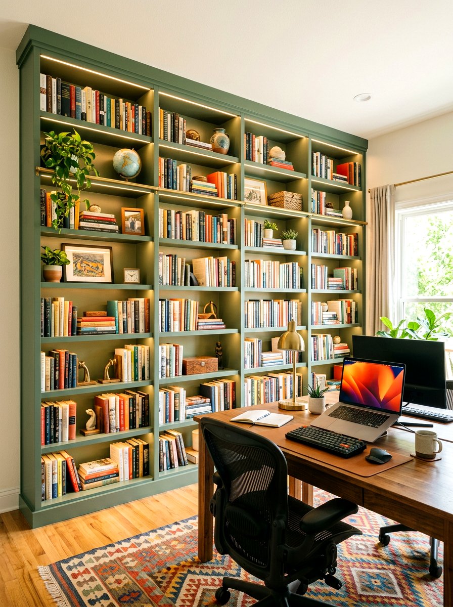 Built in bookshelf wall - 30 office accent wall ideas