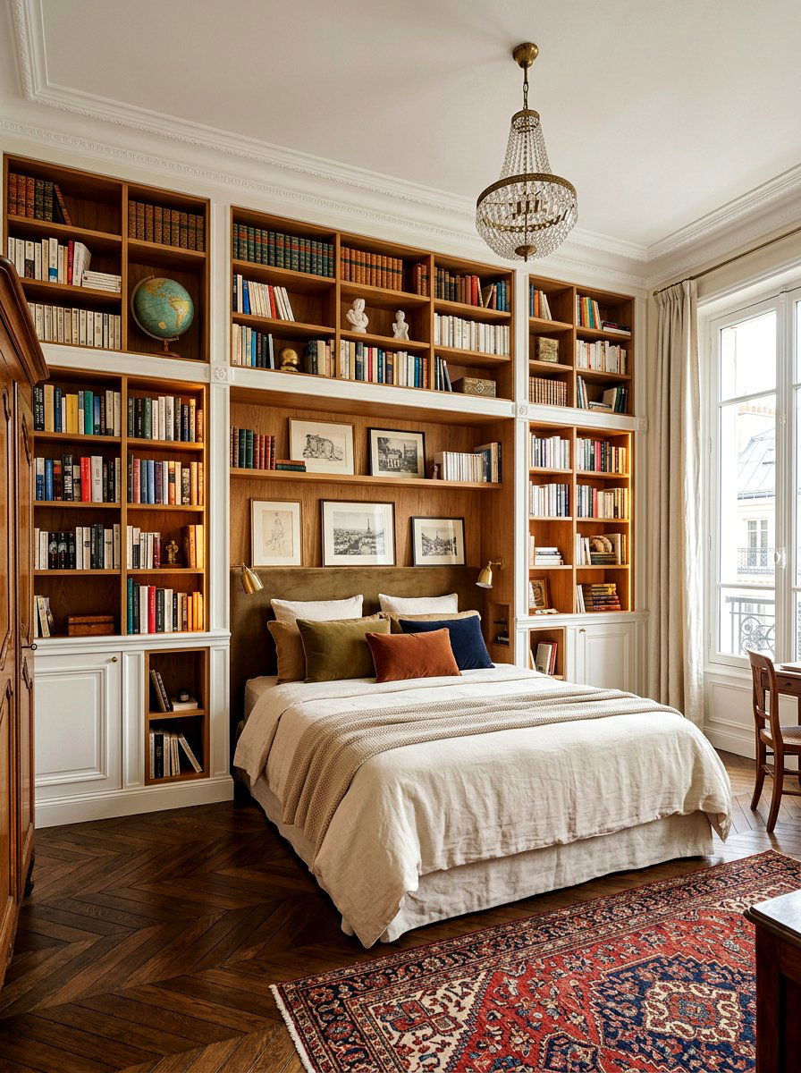Built in bookshelf wall - 30 Parisian hotel bedroom ideas
