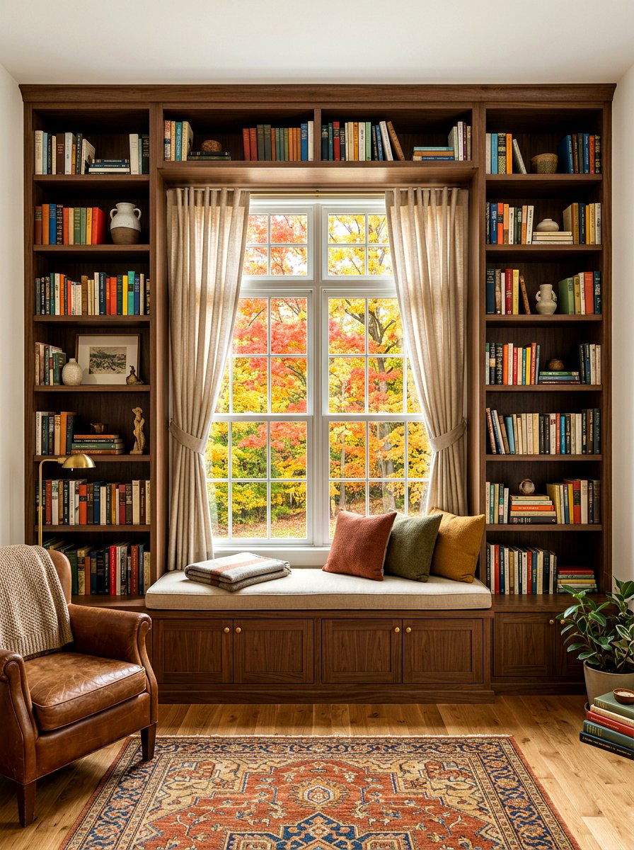 Built in bookshelf window - 30 cozy library fall ideas