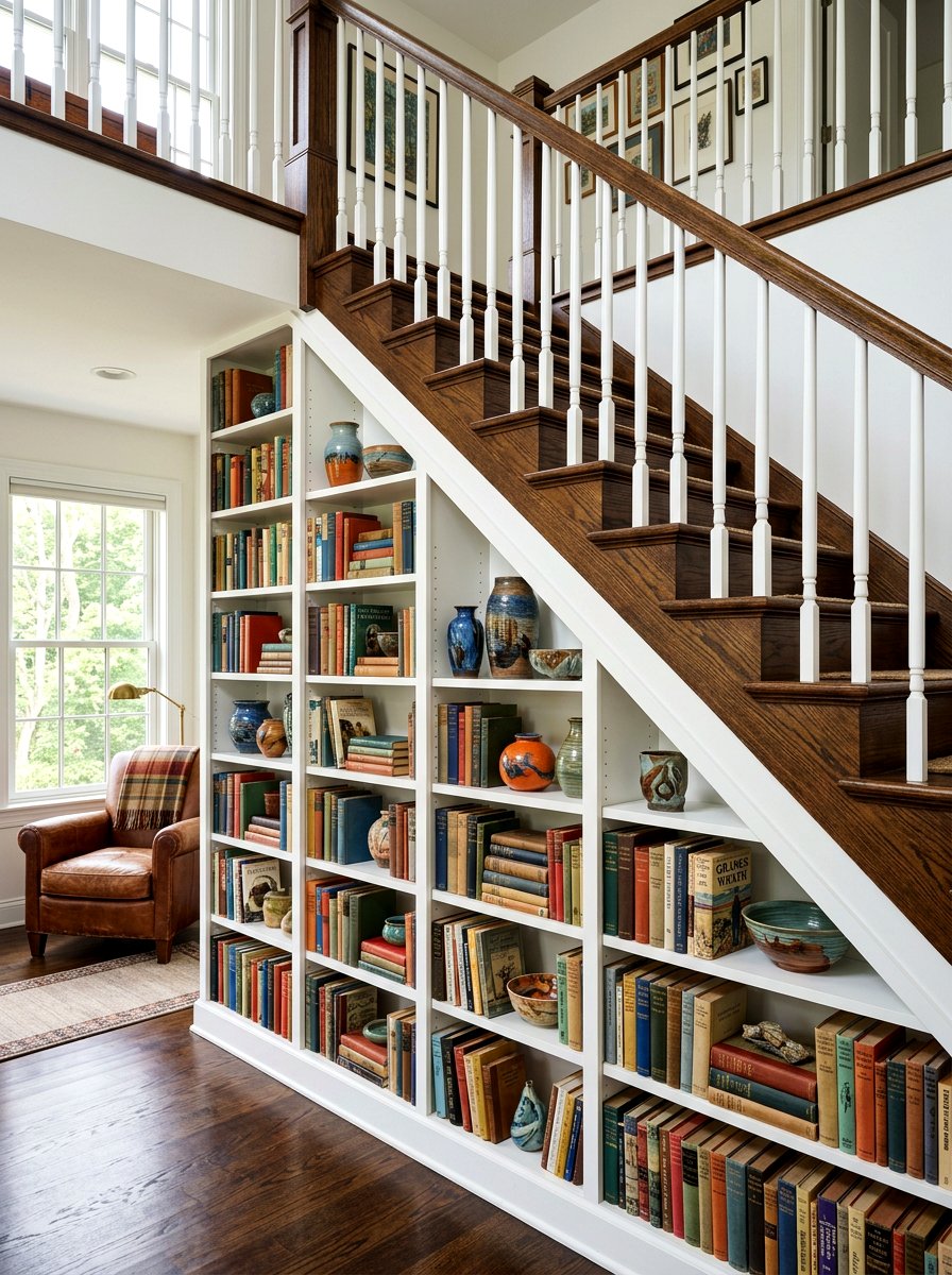 Built in bookshelves under stairs - 30 stair nook decor ideas