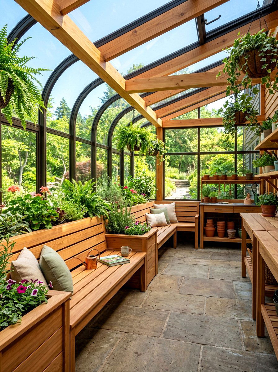 Built in cedar benches - 30 greenhouse shelving ideas