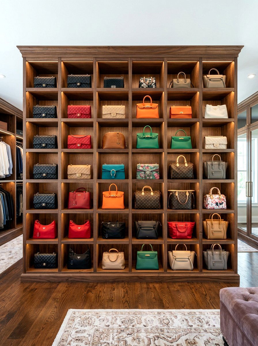 Built in closet cubbies - 30 purse display closet ideas