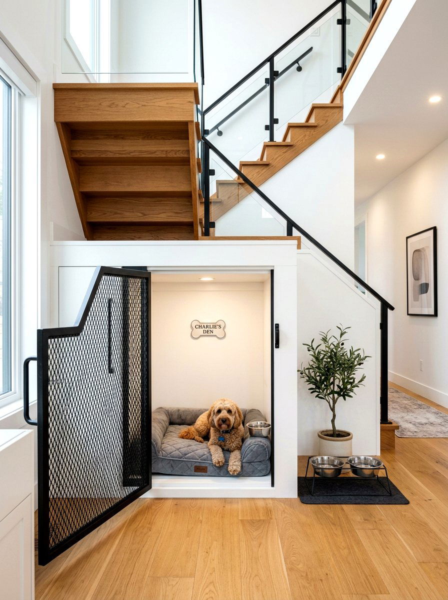Built in dog crate - 30 under stairs pet room ideas aesthetic