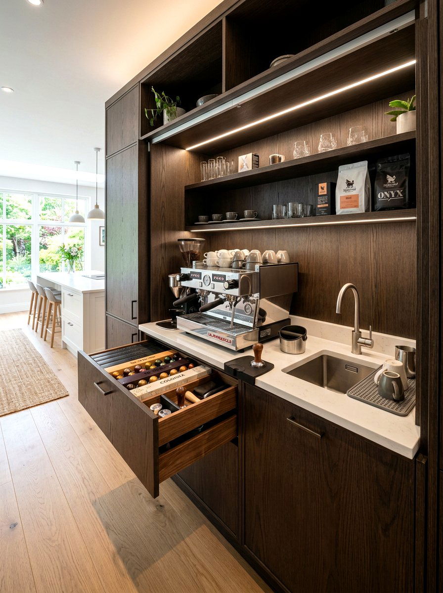 Built in espresso bar - 30 home cafe kitchen ideas