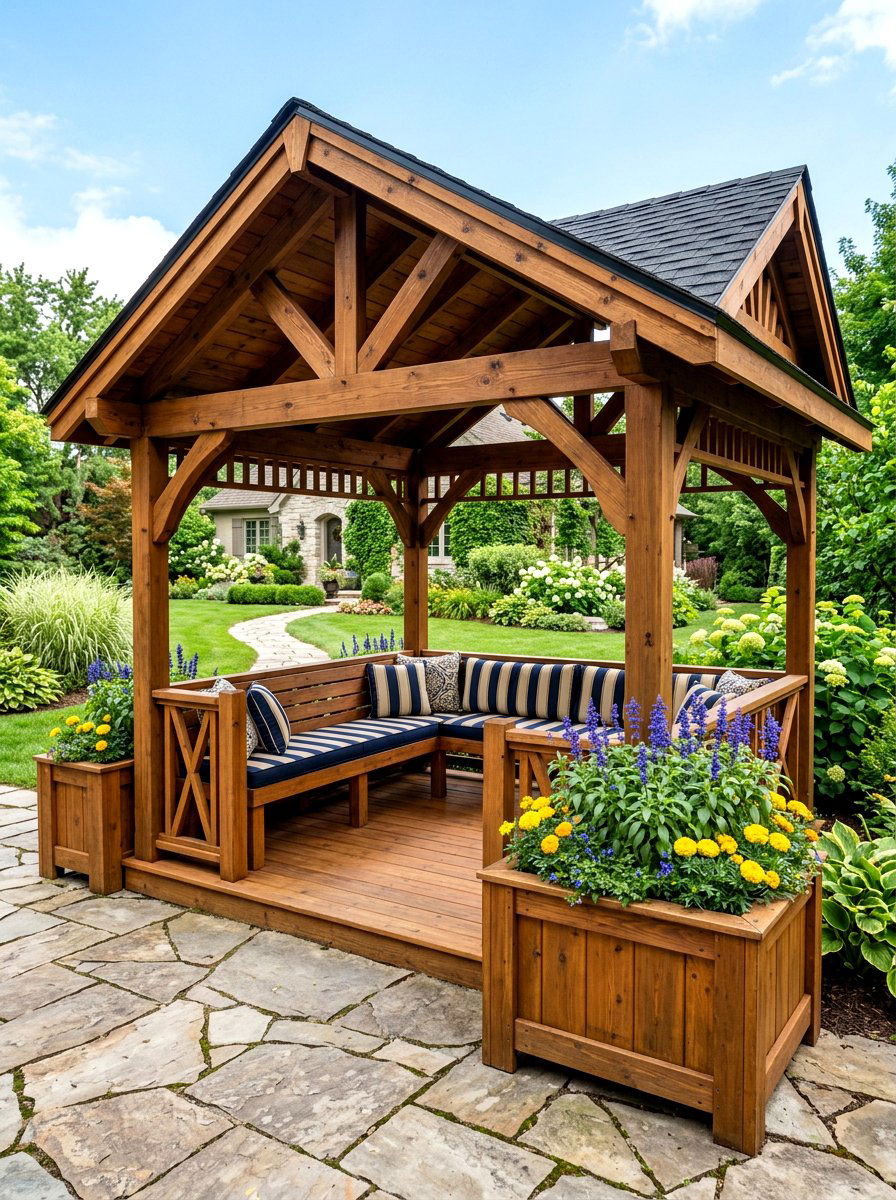 Built in gazebo bench planters - 30 gazebo planter ideas