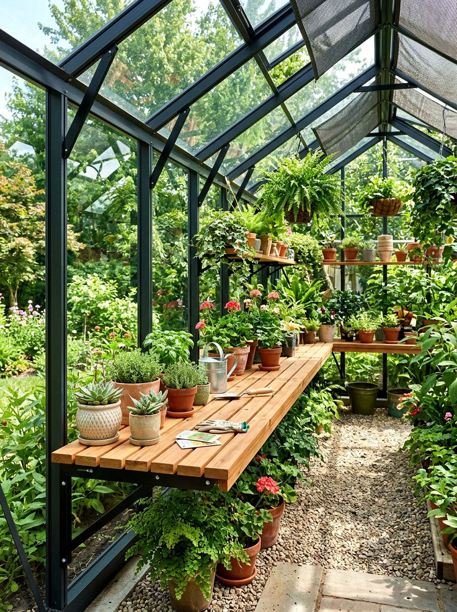 Built in greenhouse bench - 30 potting table greenhouse ideas