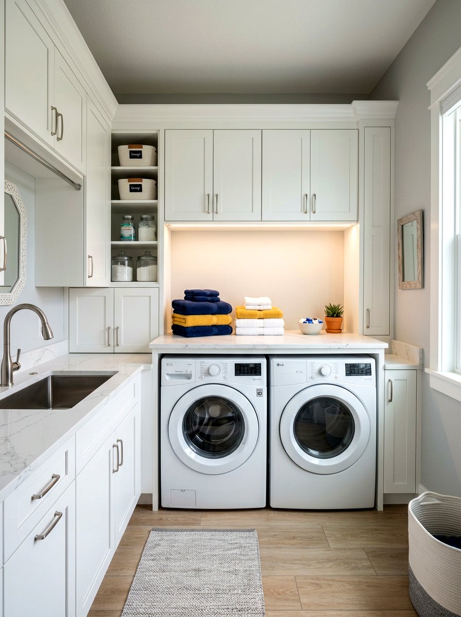 Built in laundry folding shelf - 30 countertop over washer dryer ideas