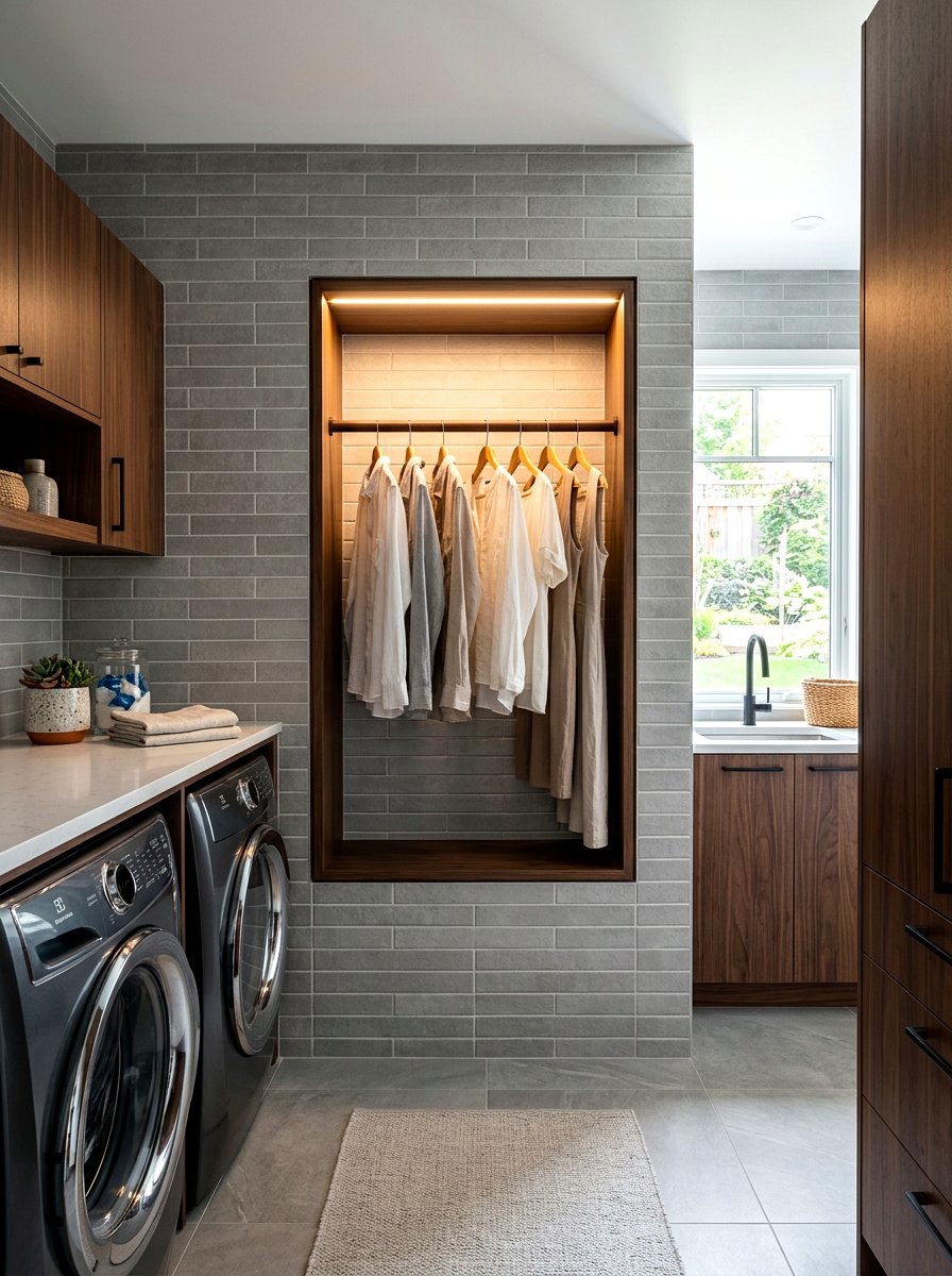 Built in laundry rod niche - 30 laundry room hanging rod ideas