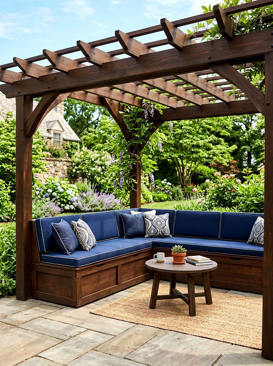 Built in pergola bench seating - 30 open pergola seating ideas