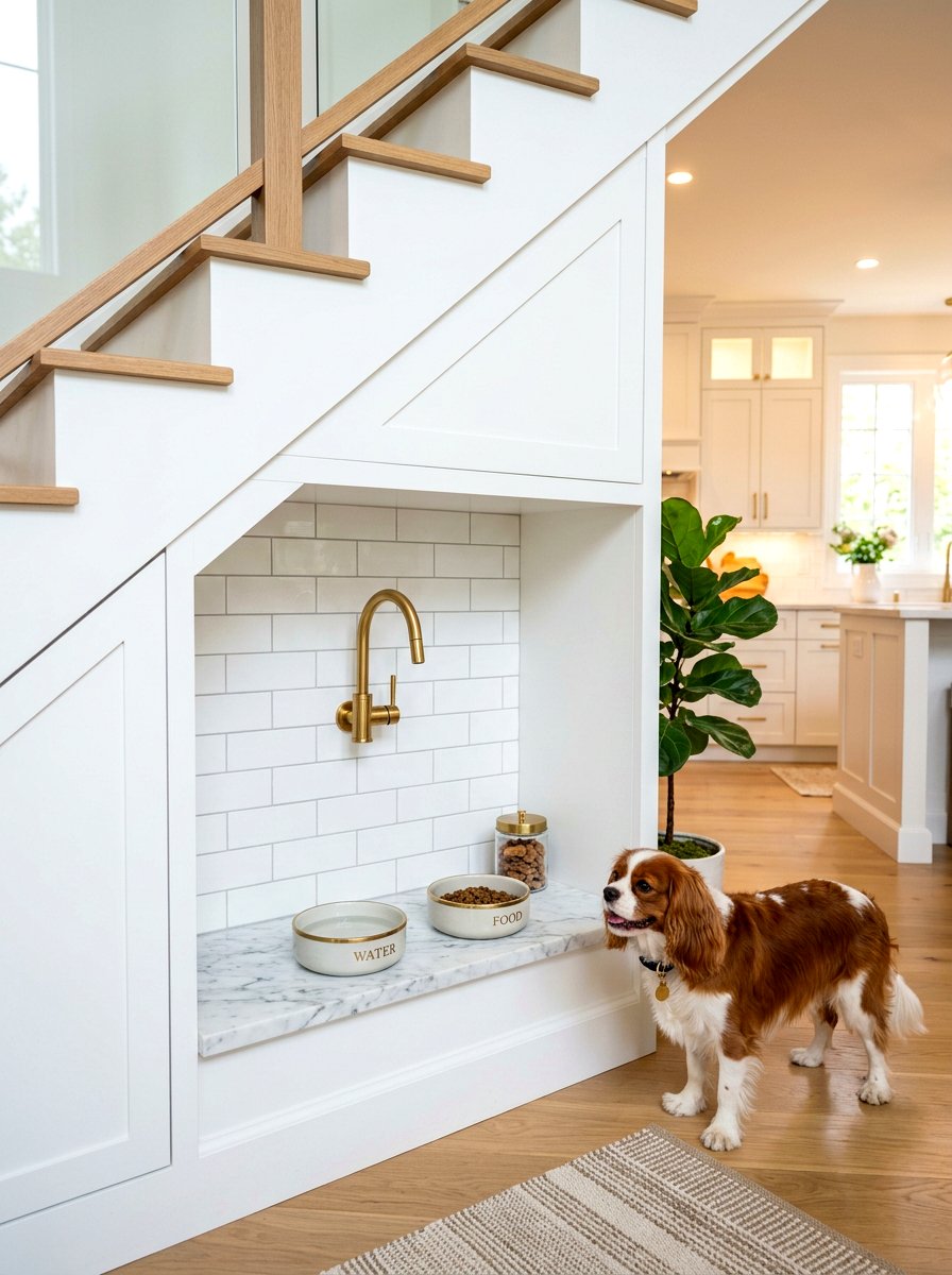 Built in pet feeding station - 30 under stairs pet room ideas aesthetic