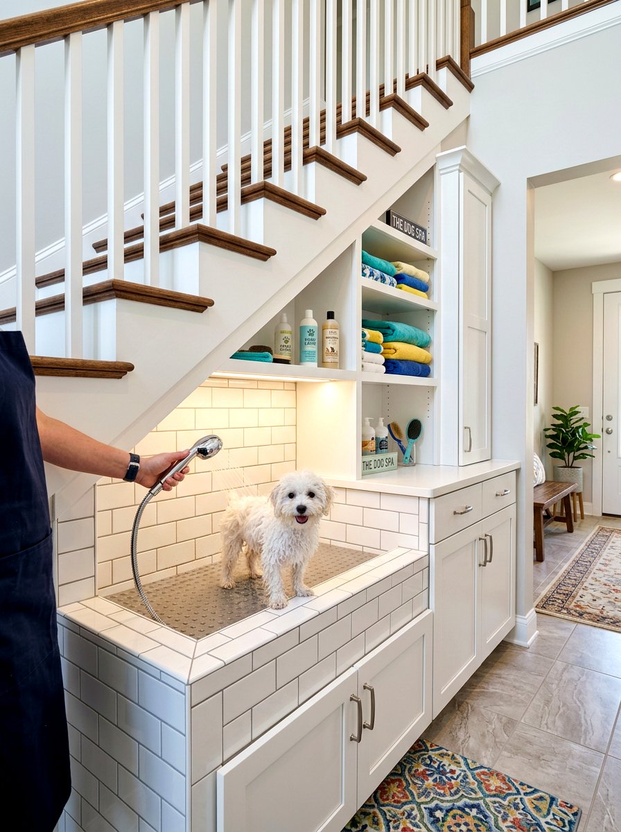 Built in pet grooming station - 30 under stairs pet room ideas aesthetic