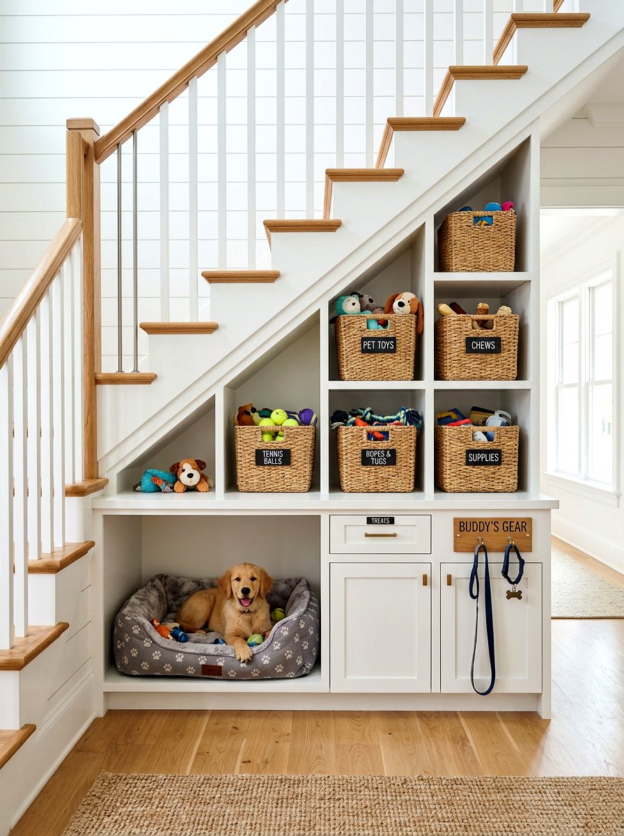 Built in pet toy storage - 30 under stairs pet room ideas aesthetic