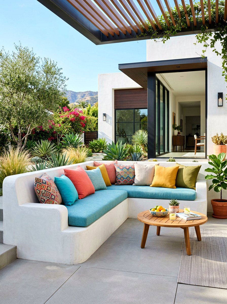 Built in plaster bench seating - 30 California casual patio lounge ideas