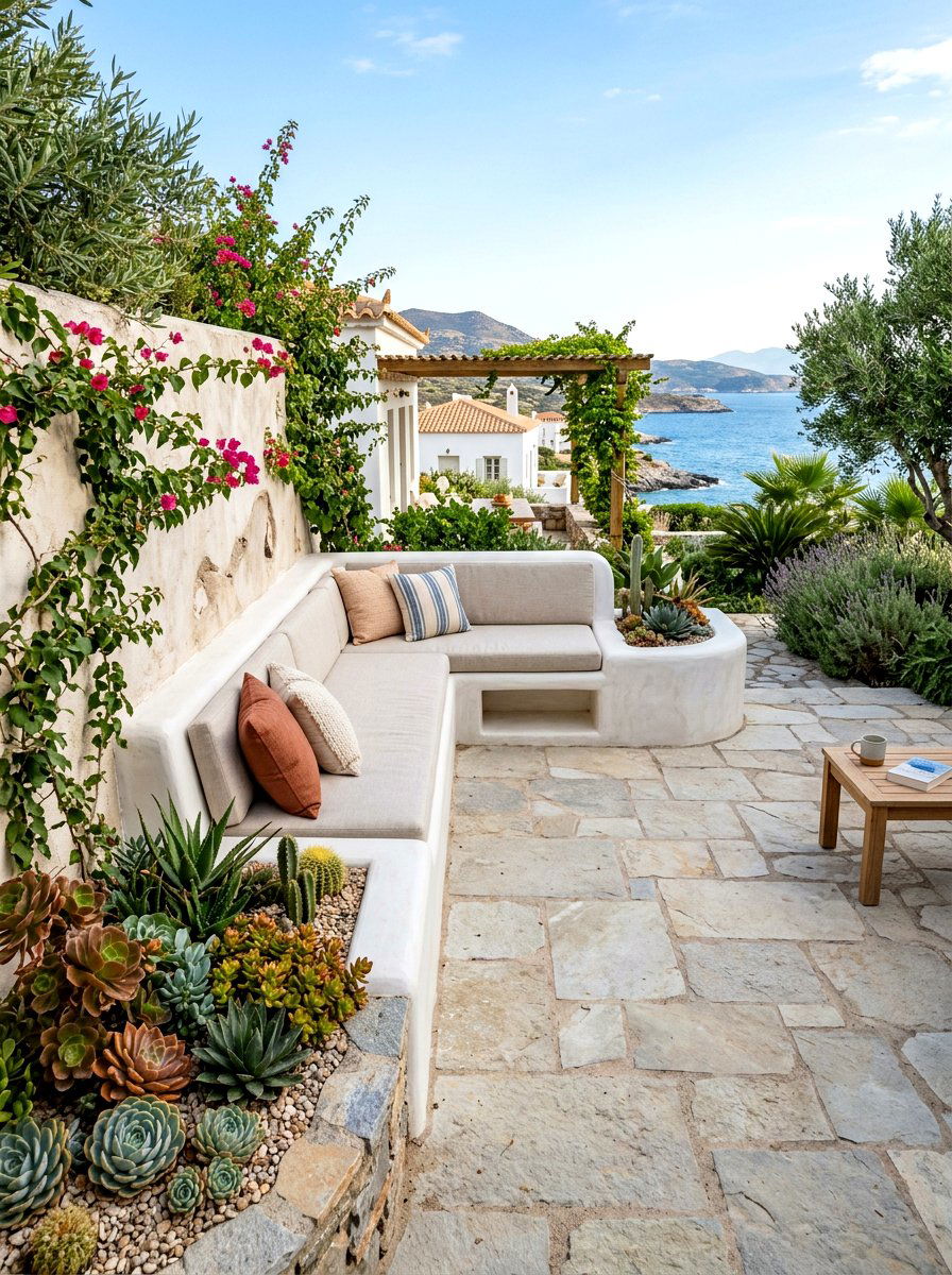 Built in plaster garden bench - 30 warm minimalist garden ideas