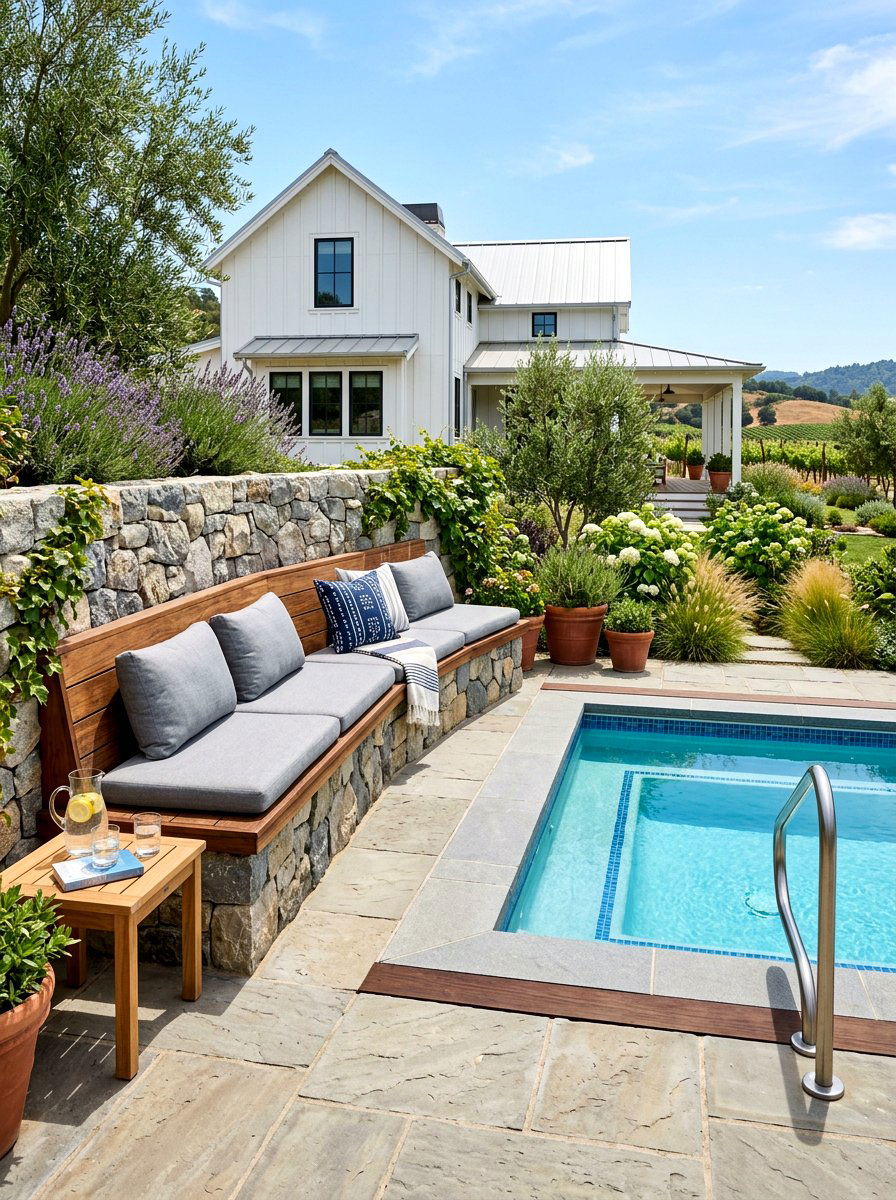 Built in poolside bench - 30 small poolside patio ideas