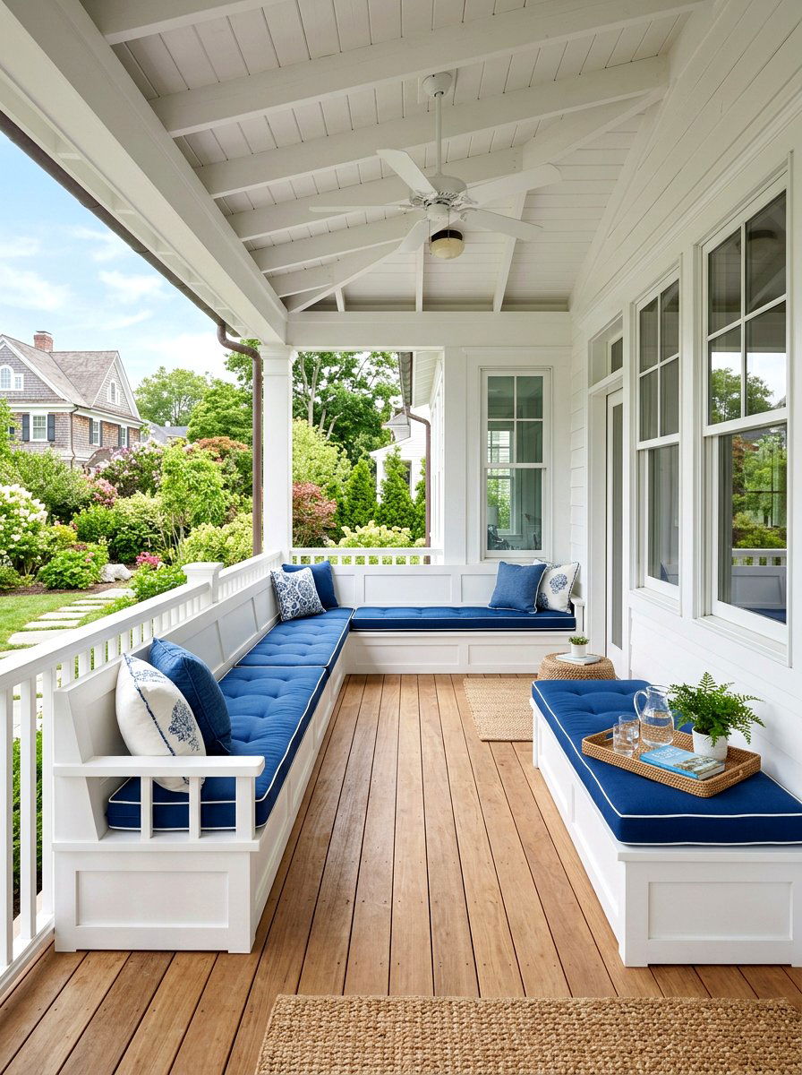 Built in porch benches - 30 colonial front porch ideas