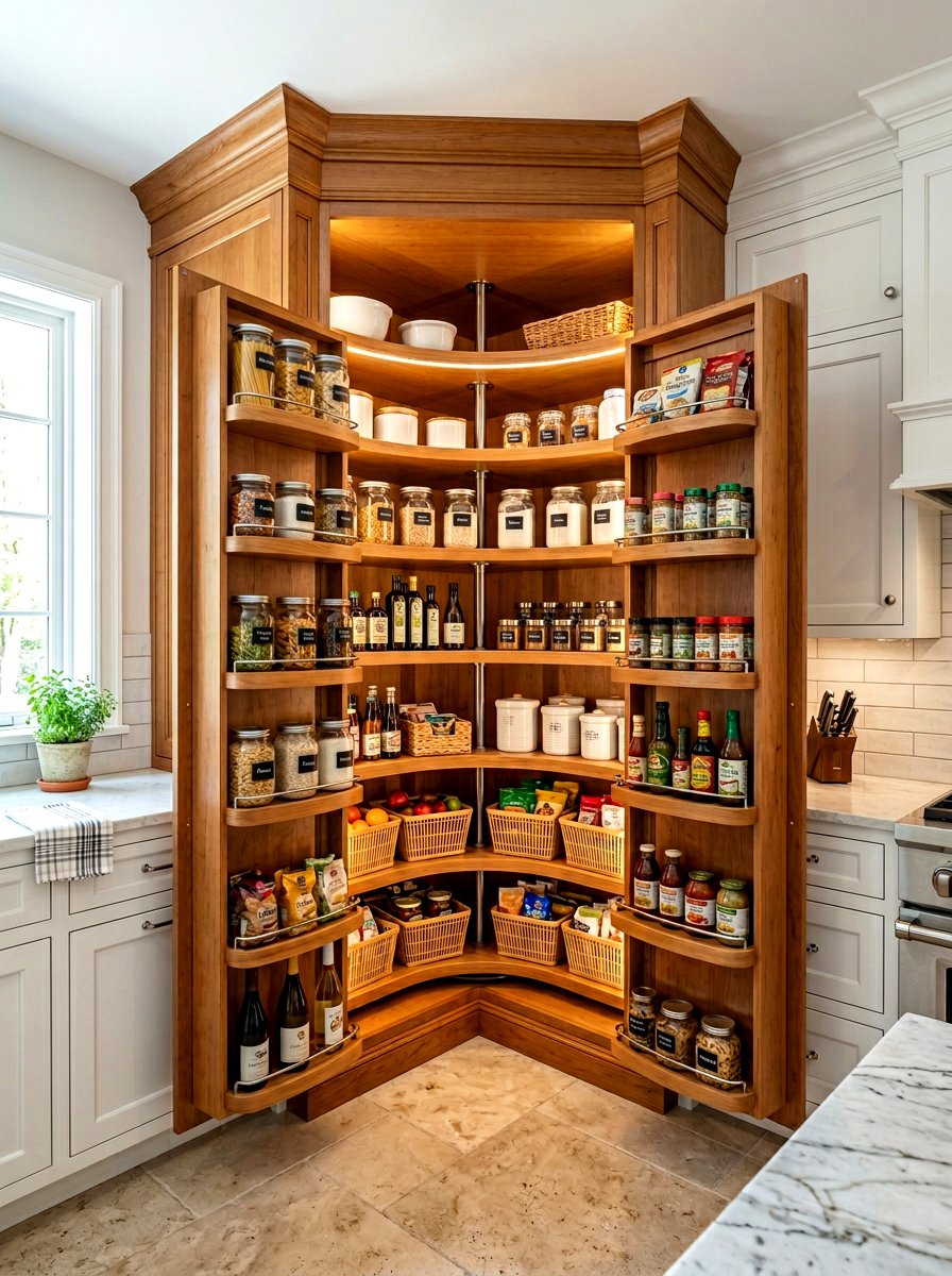 Built in rotating pantry shelves - 30 lazy Susan pantry ideas